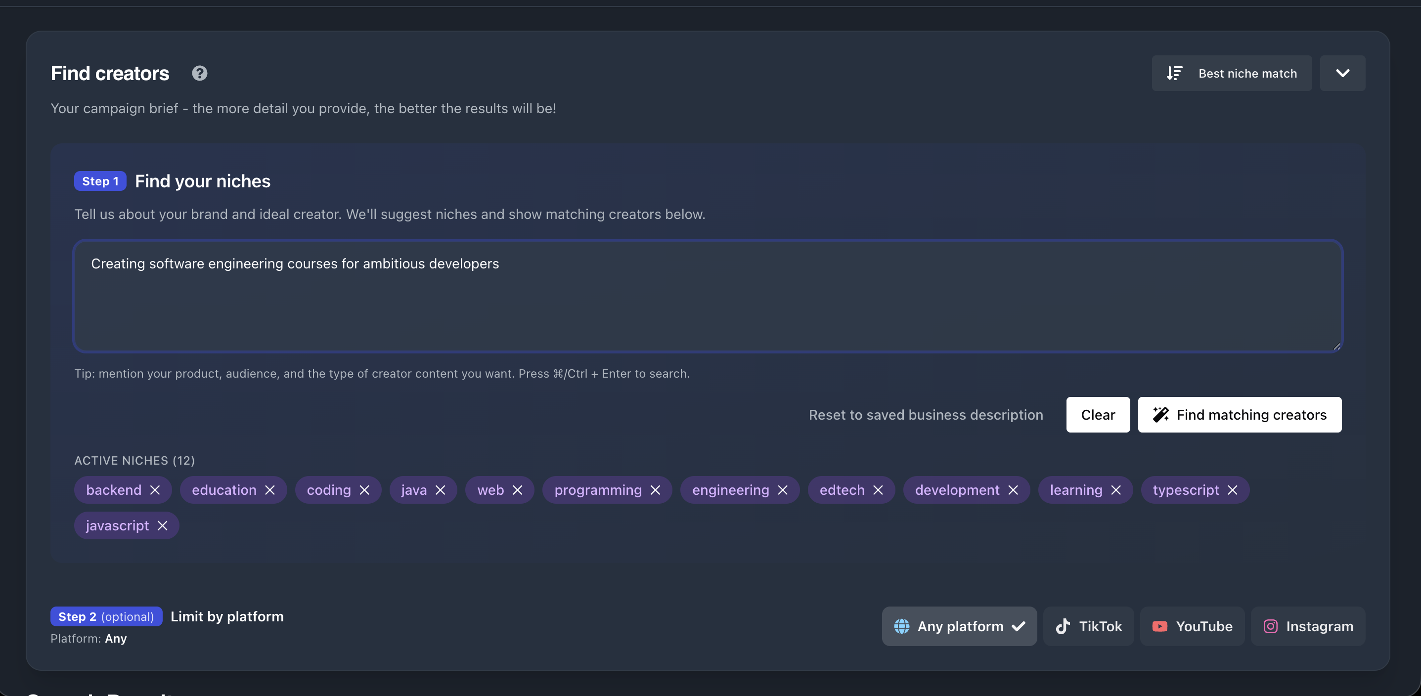 Campaign prompt and creator search interface